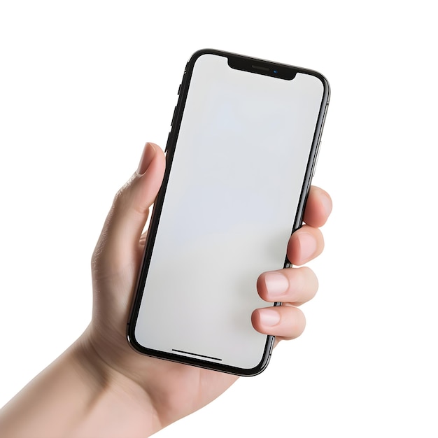 Vrouw met een smartphone in de hand met een leeg scherm geïsoleerd op een witte achtergrond