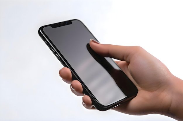 Gratis PSD vrouwelijke hand die een smartphone vasthoudt met een leeg scherm op een witte achtergrond