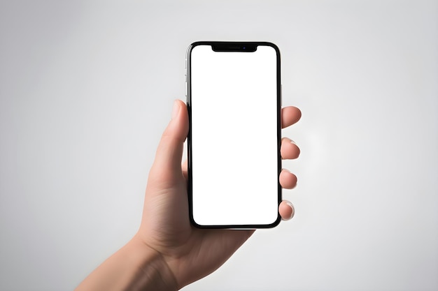 Vrouwelijke hand met smartphone met geïsoleerd scherm op grijze achtergrond Mock up