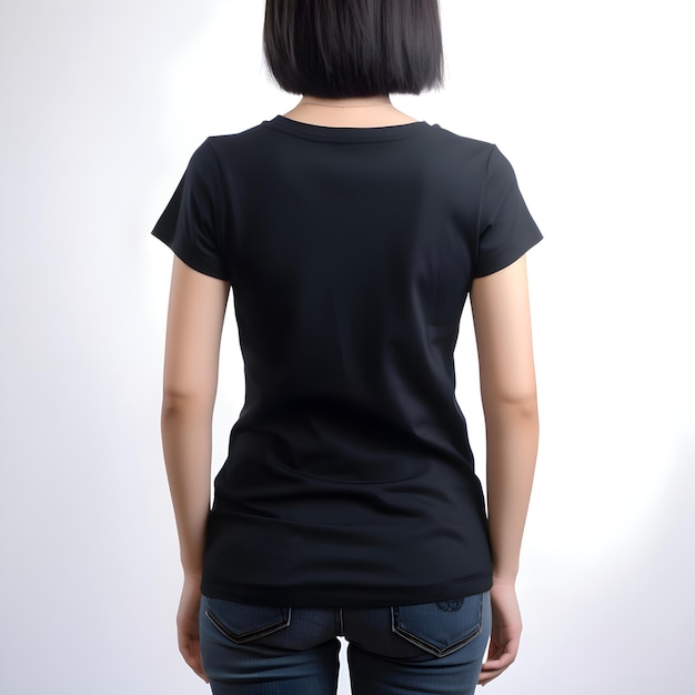 Vrouwen blank zwart t-shirt achterkant geïsoleerd op witte achtergrond