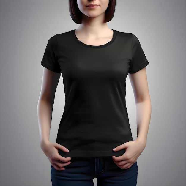 Gratis PSD vrouwen dragen een wit zwart t-shirt met clipping pad front view