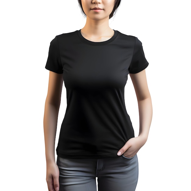 Gratis PSD vrouwen met een blanco zwart t-shirt geïsoleerd op een witte achtergrond met een clippingpad