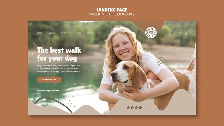 PSD gratuito walking the dog day modello di pagina di destinazione