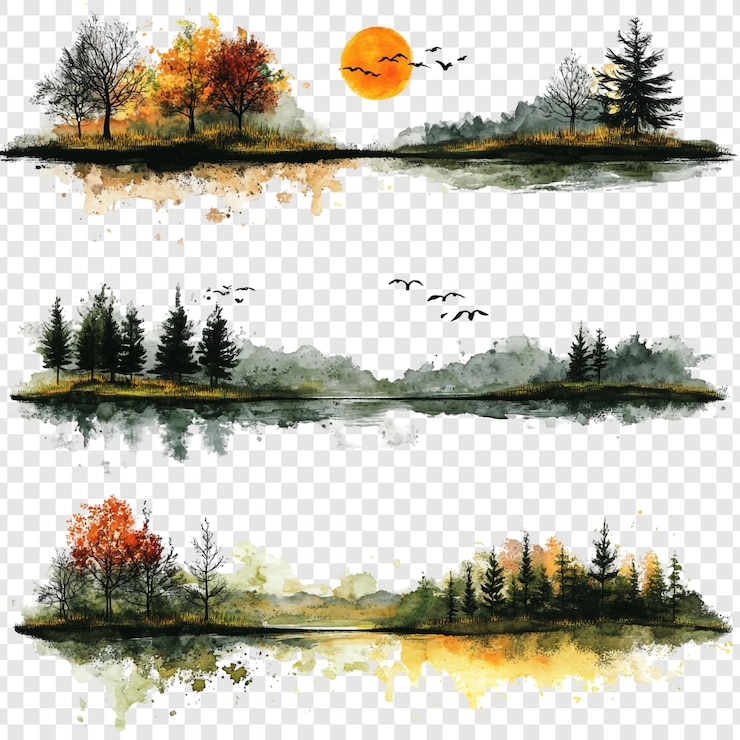 PSD Gratis watercolor landscape series tranquil autumn scenery