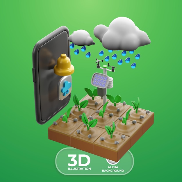 Weather station alerts to stop watering 3D illustration