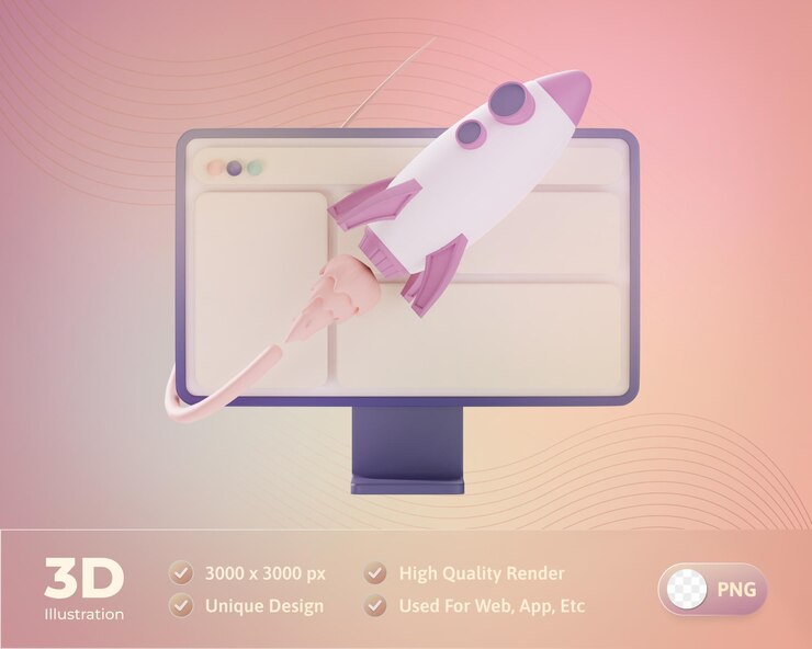 PSD gratuito web design un razzo volante con un'illustrazione 3d del computer