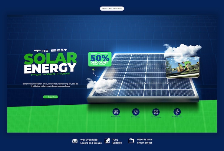 Gratis PSD webbanner sjabloon voor zonnepanelen en energiebesparing