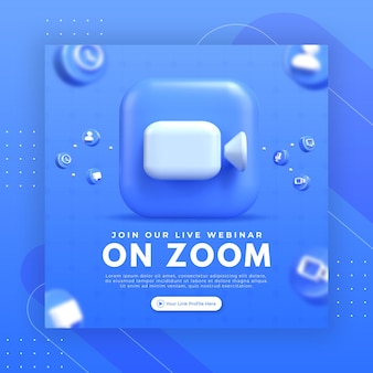 Webinar-paginapromotie met 3d render zoom-logo voor instagram postsjabloon