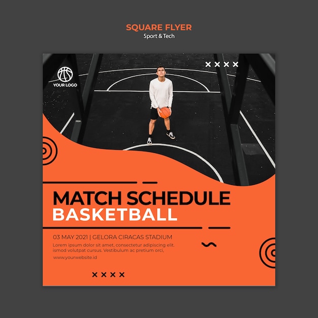 Gratis PSD wedstrijdschema basketbal vierkante flyer-sjabloon