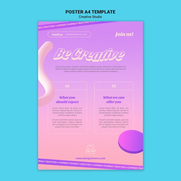 Gratis PSD wees creatief ontwerpstudio verticale postersjabloon met 3d-vormen