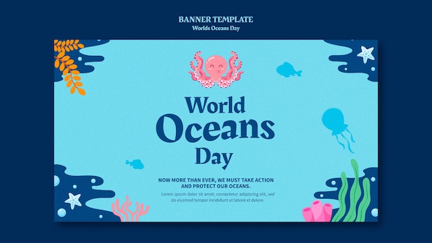 Gratis PSD wereld oceanen dag horizontale banner sjabloon met zeeleven