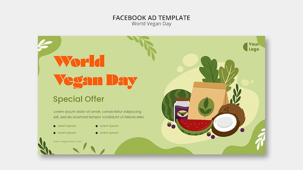 Wereld vegan dag facebook sjabloon met bladeren