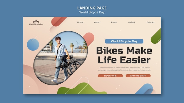 Gratis PSD wereldfietsdag bestemmingspaginasjabloon met persoon die fiets gebruikt