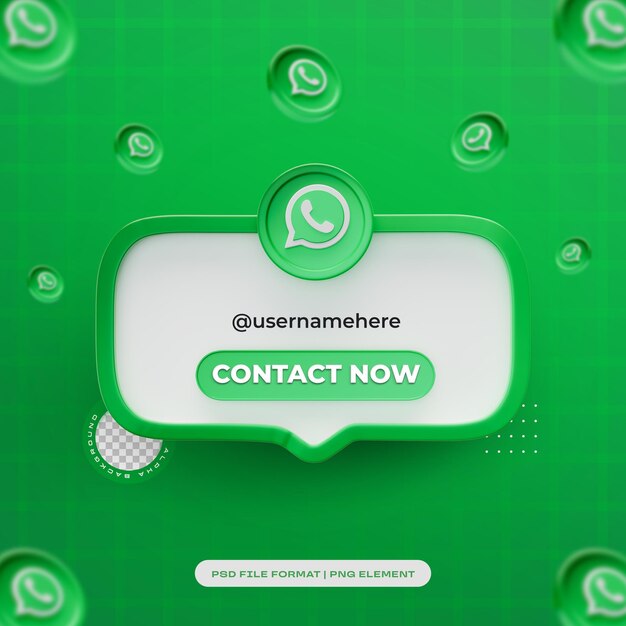 Whatsapp Icon de elemento de banner de contacto con nombre de usuario Renderizado en 3D aislado