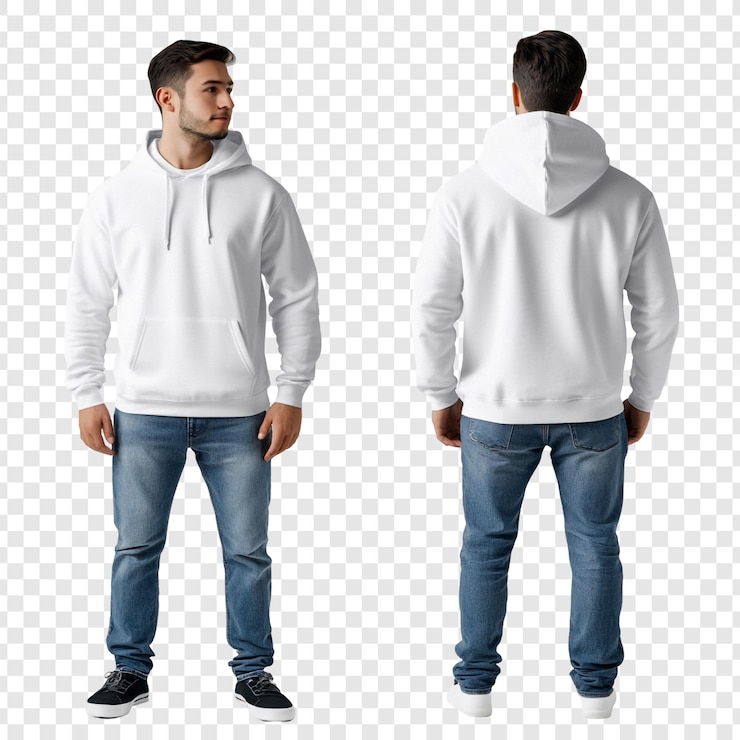 PSD Gratis white hoodie mockup front and back view of a man wearing a blank hoodie and jeans