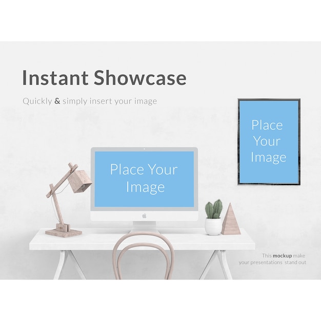 Gratis PSD wit bureau wit computer en frame mock up