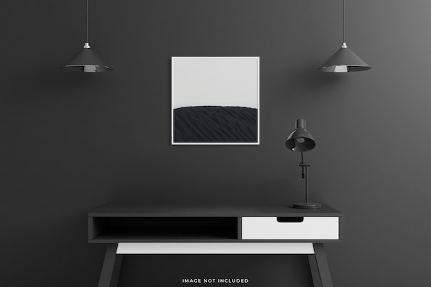 Witte vierkante poster of fotolijst mockup met tafel in woonkamer interieur op lege zwarte muur achtergrond. 3d-weergave.