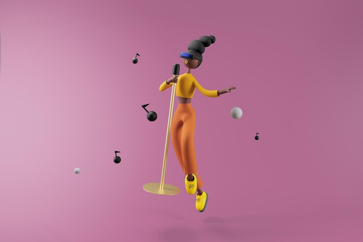 PSD Gratis woman using virtual reality glasses and singing a song on isolated background 3d illustration cartoon characters