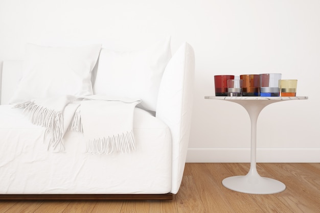 Woonkamer met sofa mockup en decoratie-elementen