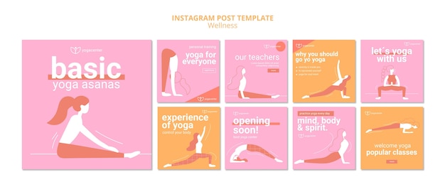 Gratis PSD yoga instagram posts collectie met persoon die zich uitstrekt