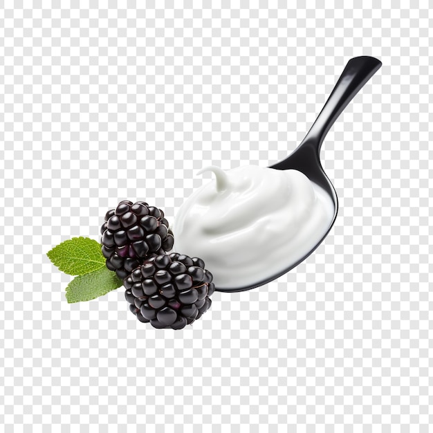 Yogur de mora en cuchara aislado sobre fondo transparente