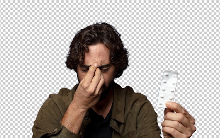 PSD Gratis young bearded ill man with pills tablet