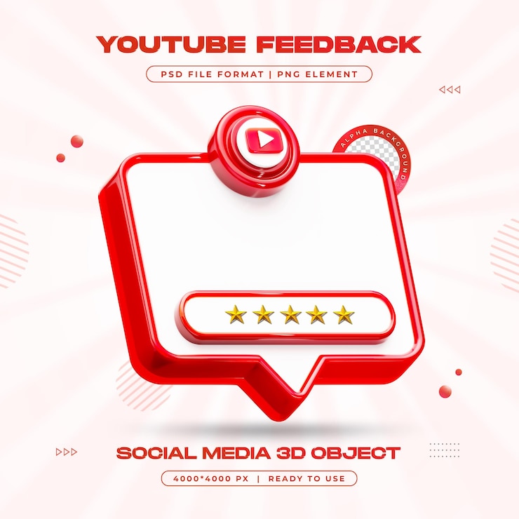 PSD gratuito youtube feedback review rendering 3d dei social media isolati