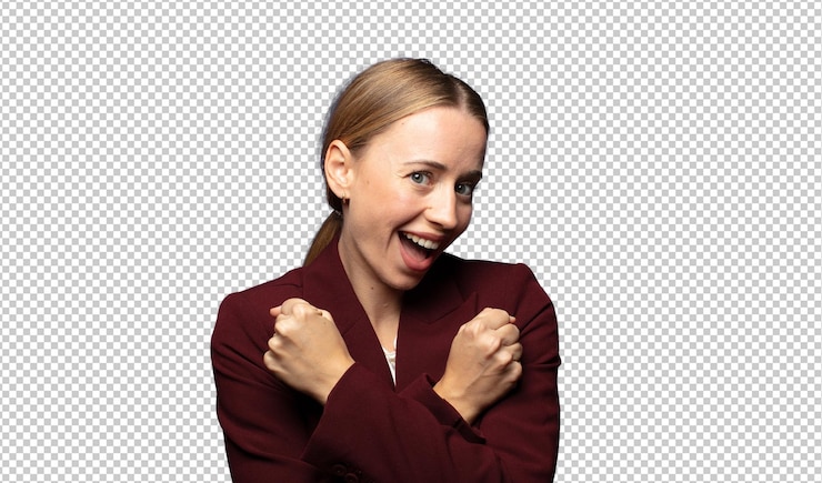 Gratis PSD ze glimlachten vrolijk en vieren met hun vuisten gesloten en hun armen gekruist. ze voelen zich gelukkig en positief.