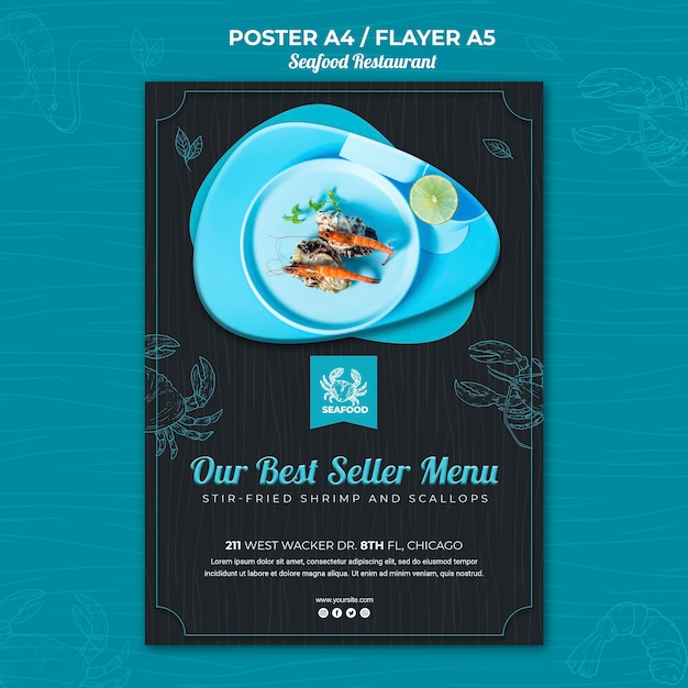 Gratis PSD zeevruchten restaurant poster concept