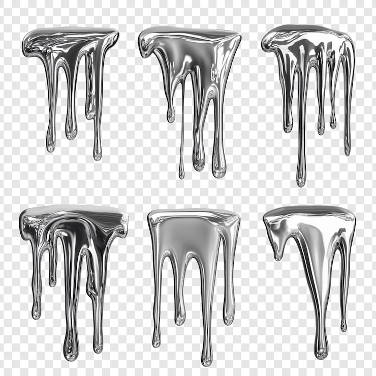 Gratis PSD zes gesmolten metalen druppels collectie abstract zilver vloeibare textuur achtergrond