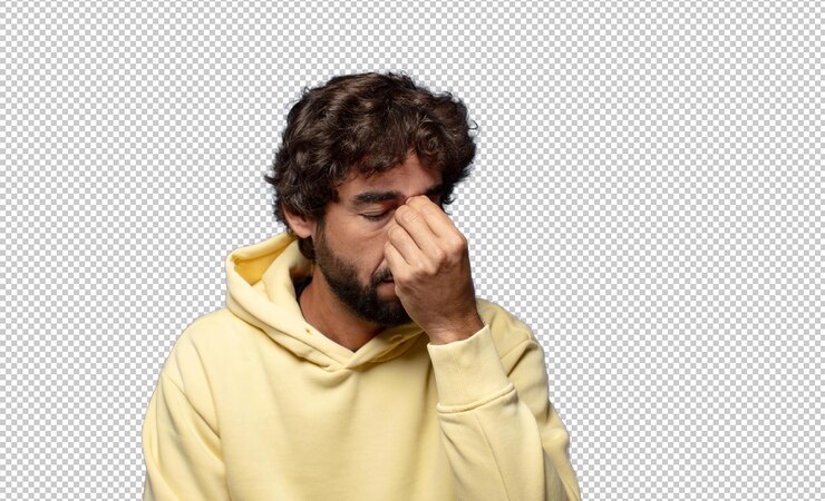 Gratis PSD zich gestrest, ongelukkig en gefrustreerd voelen, het voorhoofd aanraken en migraine of hevige hoofdpijn hebben