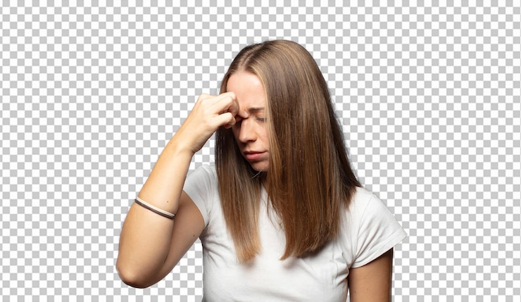 Gratis PSD zich gestrest, ongelukkig en gefrustreerd voelen, het voorhoofd aanraken en migraine of hevige hoofdpijn hebben