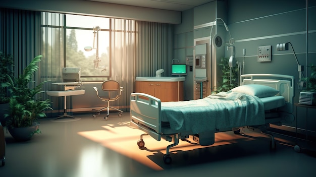 Gratis PSD ziekenhuiskamer met bed en tafel generatieve ai
