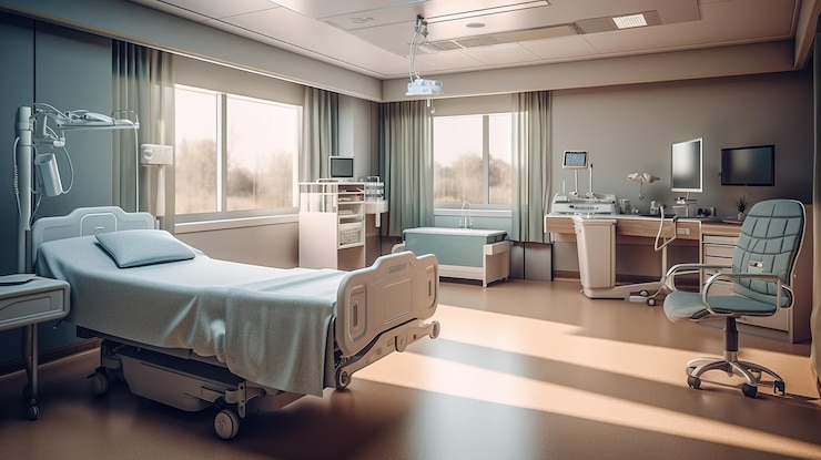Gratis PSD ziekenhuiskamer met bed en tafel generatieve ai