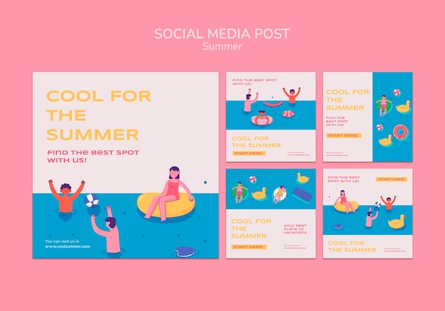 Gratis PSD zomer instagram posts collectie met mensen bij het zwembad