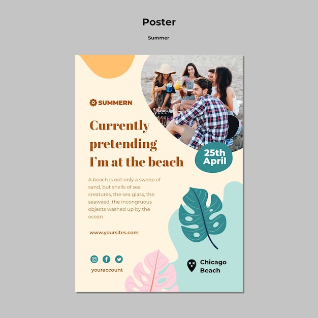 Gratis PSD zomer verticale postersjabloon met bladeren