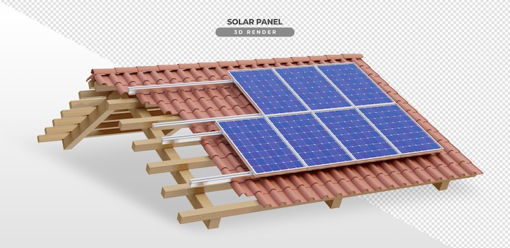 Gratis PSD zonne-energieborden op pannen en houten dak in 3d-realistische weergave