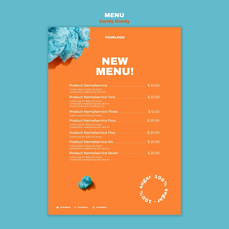 PSD gratuito zucchero filato sul modello di stampa del menu del ristorante del bastone