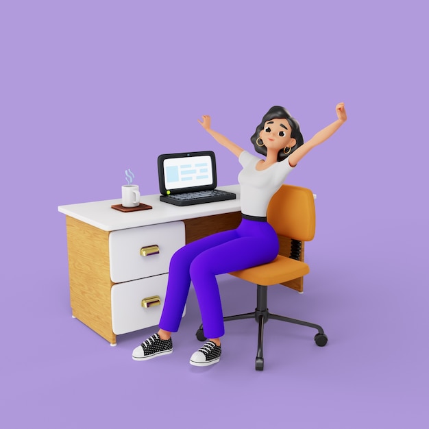 3d, femme, séance chaise, bureau