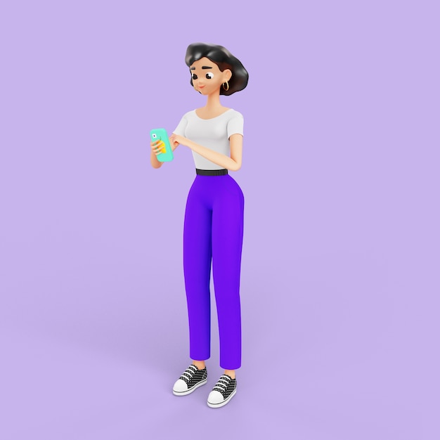 3d, Femme, Vérification, Smartphone