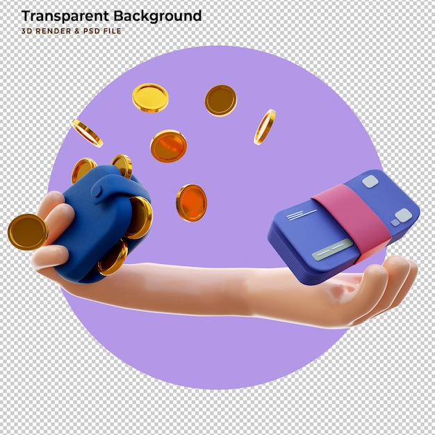 3d Hand Holding Wallet, Pile De Pièces De Monnaie, Factures Et Carte De Crédit Sur Fond Blanc Isolé, économie D'argent, Paiement En Ligne Et Concept De Paiement. Illustration De Rendu 3d