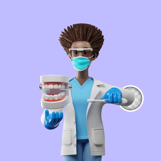 3d illustration femme médecin montrant comment se brosser les dents