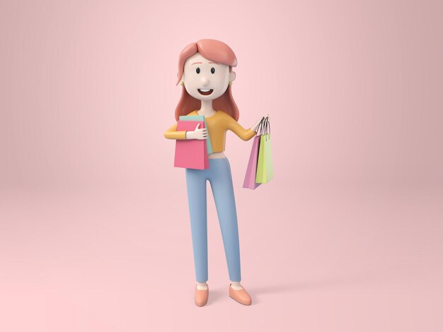 3D, jeune jolie femme tenant un sac à provisions à la main