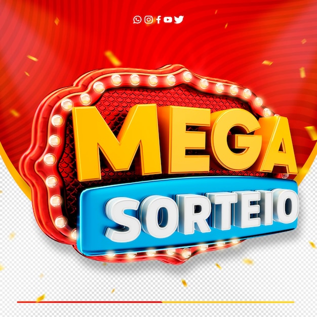PSD gratuit 3d label mega raffle logo pour les campagnes de supermarchés mega sorteio au brésil