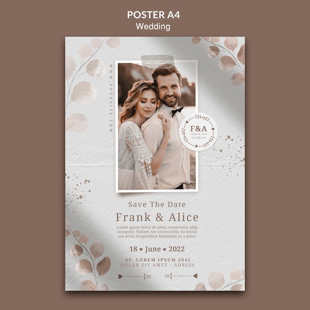 Affiche a4 de célébration de mariage avec des feuilles