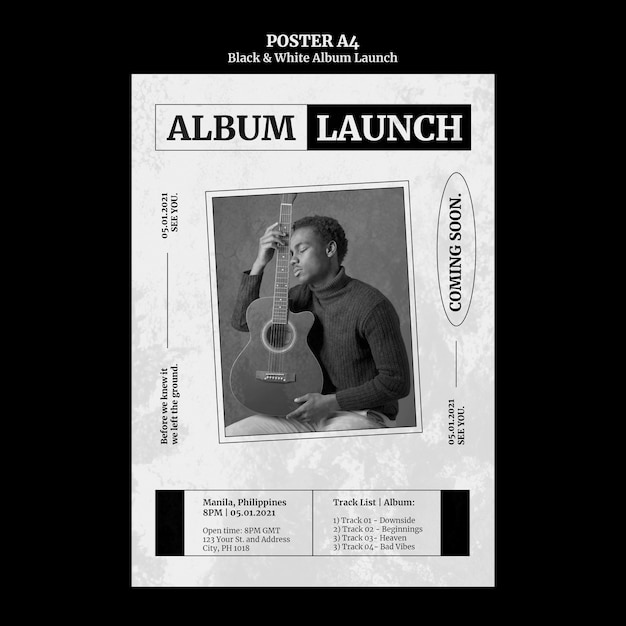 PSD gratuit affiche de lancement d'album en noir et blanc