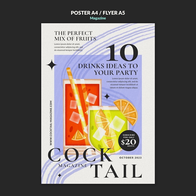 PSD gratuit affiche de magazine de cocktails dessinés à la main