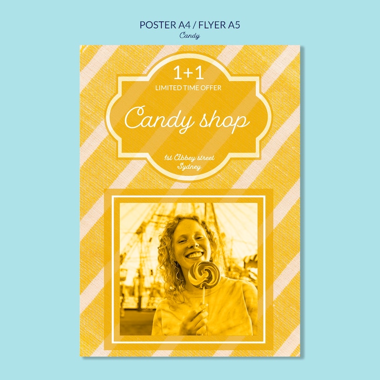 PSD gratuit affiche pour magasin de bonbons avec une femme tenant une sucette