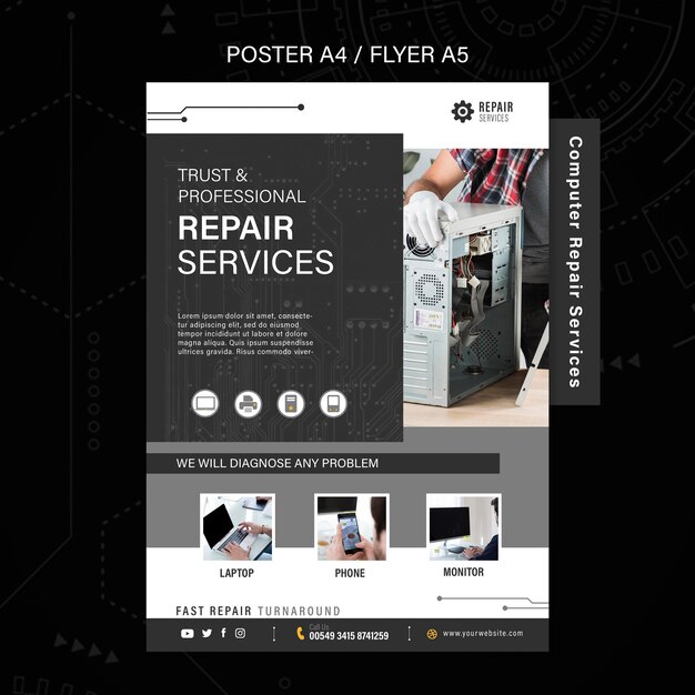Affiche des services de réparation d'ordinateurs et de téléphones