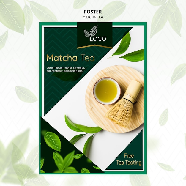 PSD gratuit affiche de thé matcha avec des feuilles